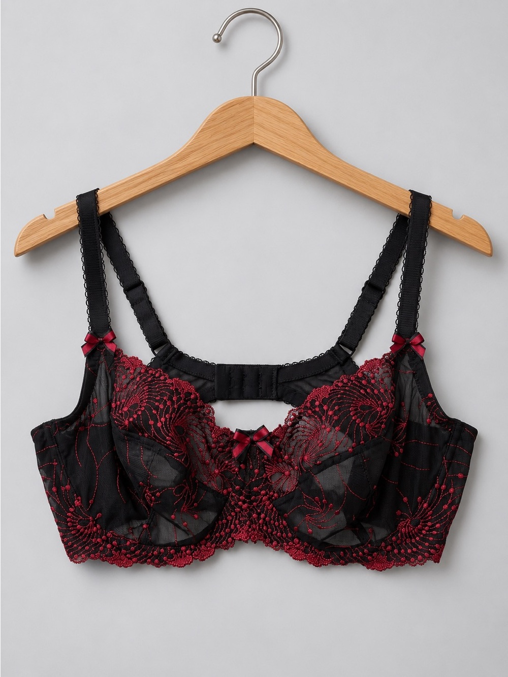 Lace-Embroidered Black Bra with Red Accents - Elegant Support
